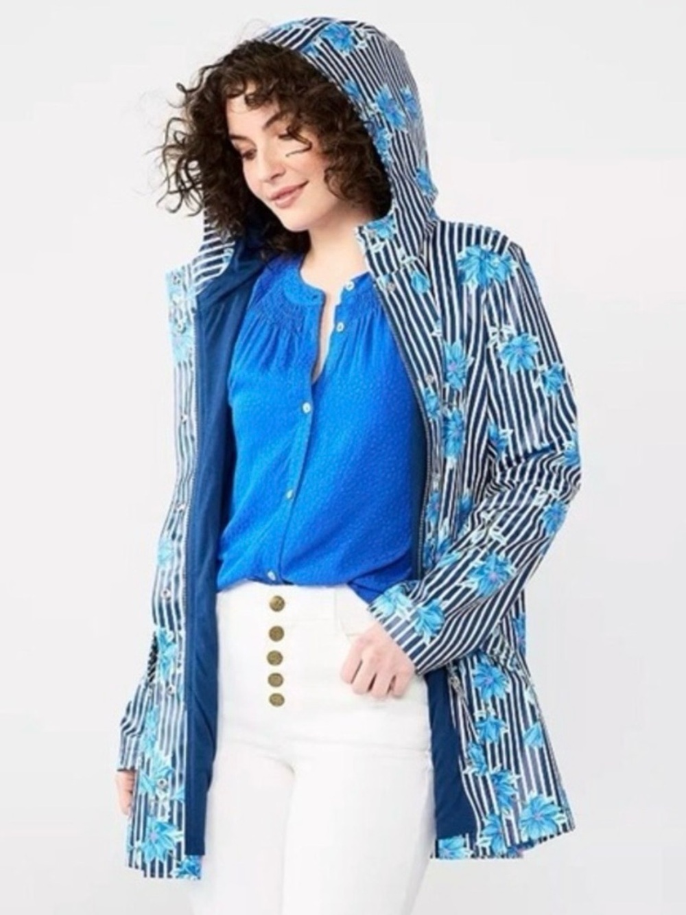 Draper James Hooded Rain Jacket Blue Floral Stripe Coat Size M - Picture 2 of 6